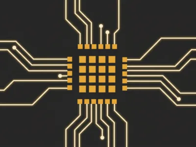 Glowing gold circuitry forms a central microchip on a dark background, like a futuristic processor.