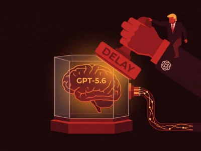 OpenAI opóźnia GPT-56 na prośbę administracji Trumpa - Promptowy Illustration showing a red fist stamping 'DELAY' onto a glowing brain labeled GPT-5.6 inside a glass display case.