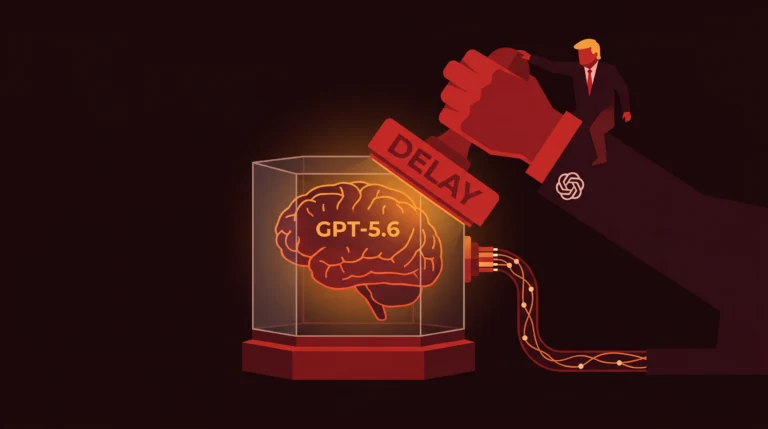 Czerwona pięść ze stemplem DELAY uderzająca w mózg GPT-5.6 w szklanej gablocie