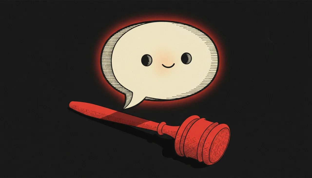 Cartoon speech bubble above a red gavel on a dark background, symbolizing a verbal verdict or decision.