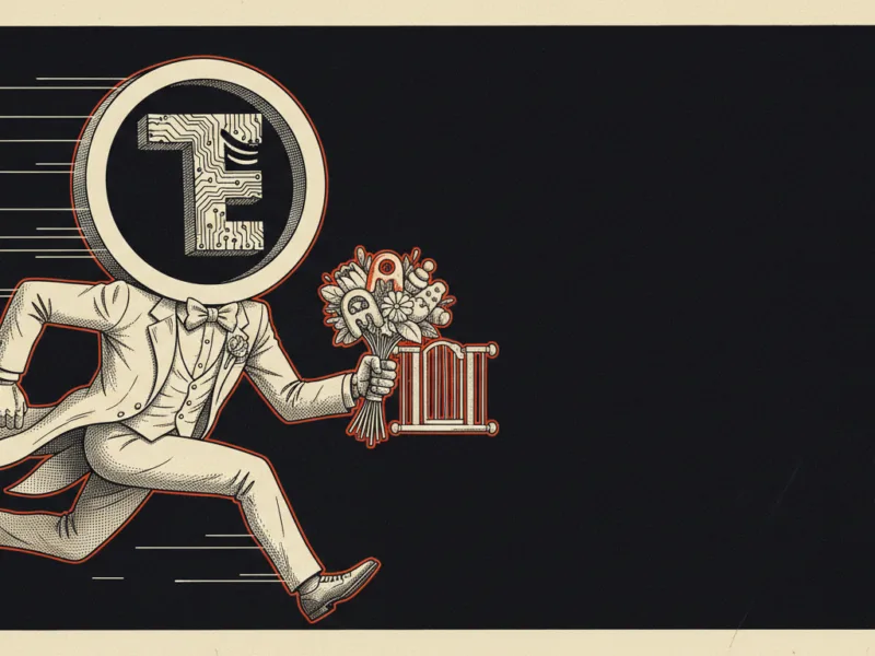 Vintage illustration of a man in a suit running, his head a circular circuit design with an 'F' in the center, holding a bouquet of flowers in one hand.