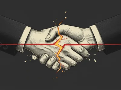 Handshake between two people with a cracked, jagged line at the center, symbolizing a broken agreement or conflict.