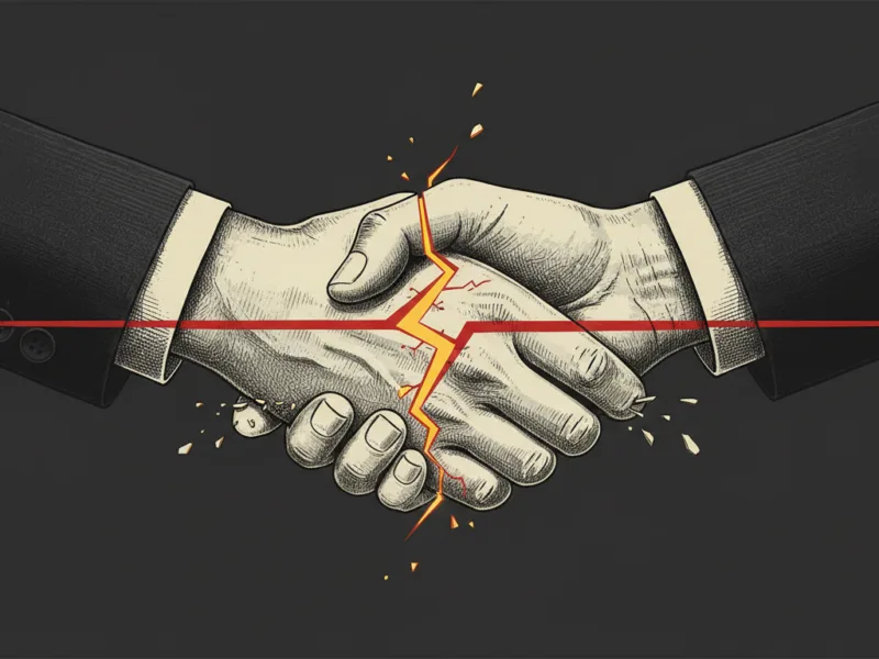 Handshake between two people with a cracked, jagged line at the center, symbolizing a broken agreement or conflict.