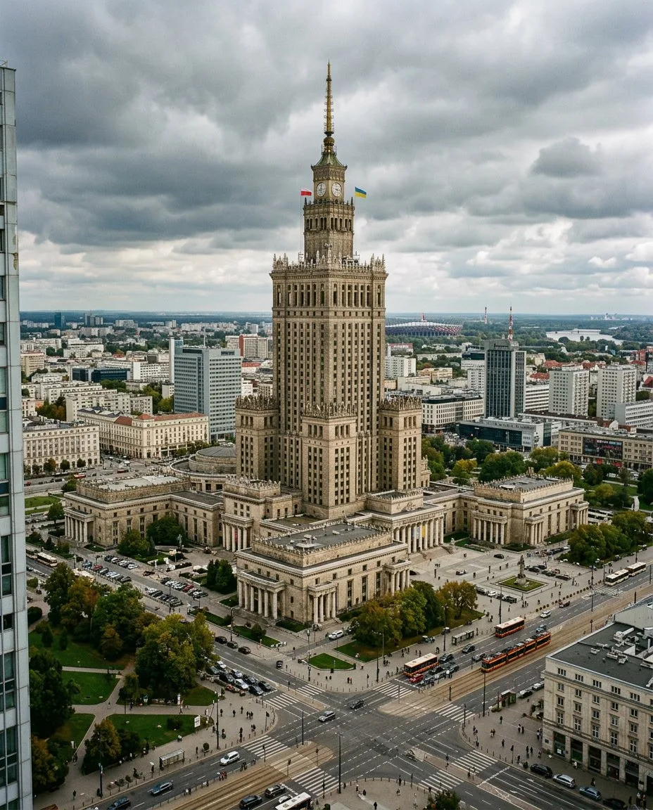 Nano Banana 2 - Google / Gemini · ostra panorama + flagi i Stadion Narodowy w tle
