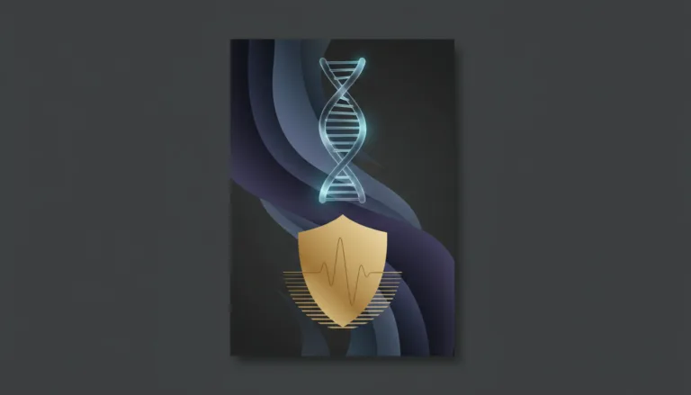 Świecąca podwójna helisa DNA nad złotą tarczą z linią EKG na ciemnym tle