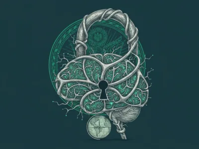 Abstract illustration of a brain with a central keyhole and rope-lock, over a green circular seal.