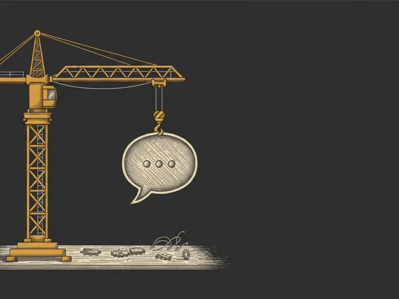 Golden construction crane lifts a large speech-bubble icon with ellipsis over a dusty ground, illustrating building communication.