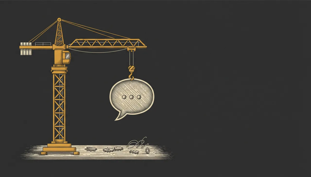 Golden construction crane lifts a large speech-bubble icon with ellipsis over a dusty ground, illustrating building communication.