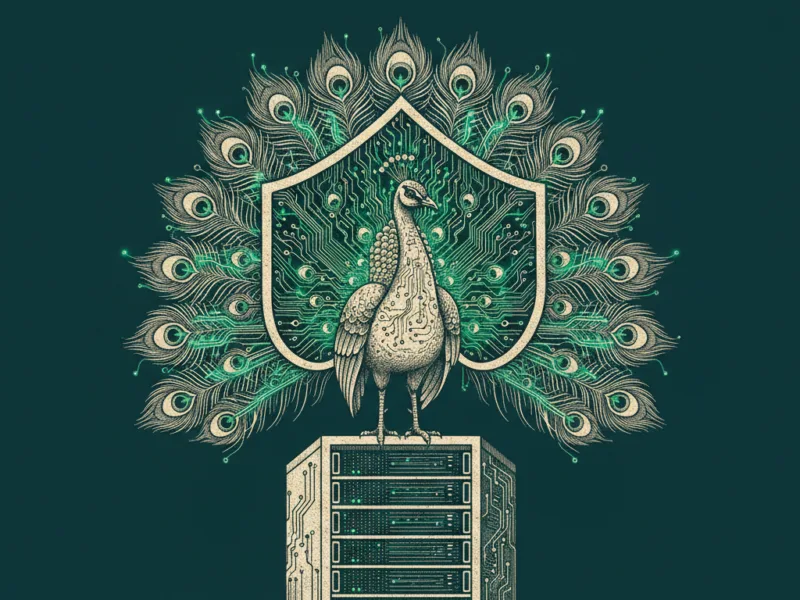 Peacock perched on a server rack with a shield and circuit patterns, symbolizing cybersecurity and data protection.