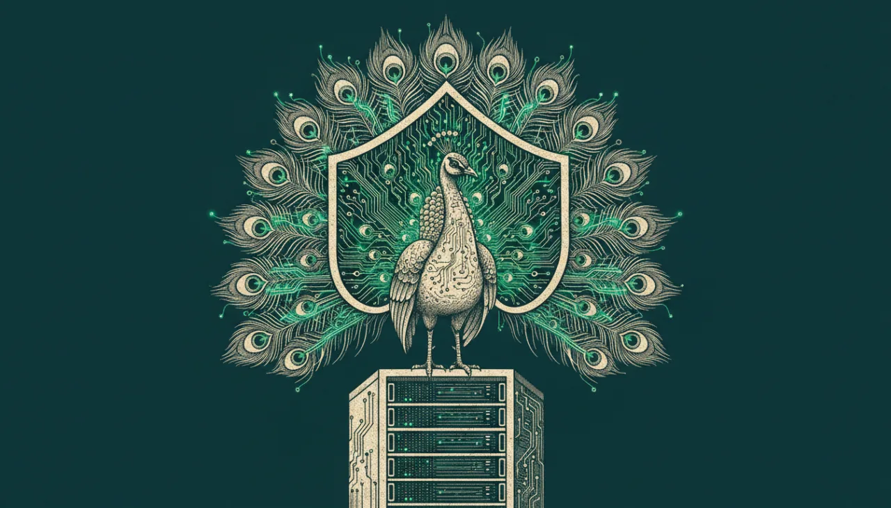 Peacock perched on a server rack with a shield and circuit patterns, symbolizing cybersecurity and data protection.