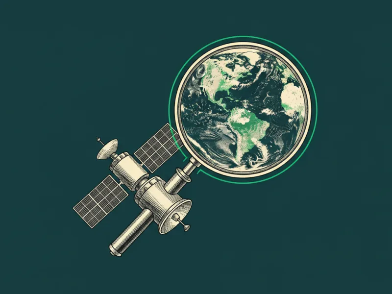 Illustration of a satellite orbiting near a globe-like Earth with a green ring around it, symbolizing space exploration