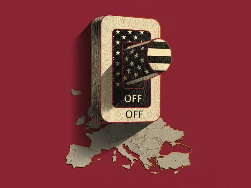 Retro toggle switch painted with the American flag, placed above a beige map of Europe on a dark red background.