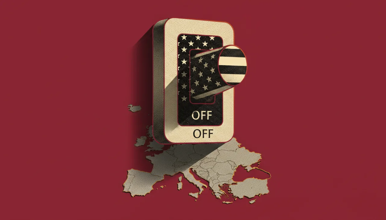 Retro toggle switch painted with the American flag, placed above a beige map of Europe on a dark red background.