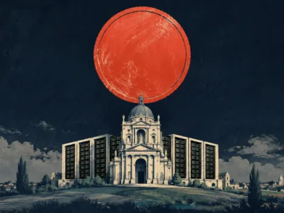 Ilustracja w ciemnym prasowym stylu pokazująca monumentalną architekturę i infrastrukturę danych.