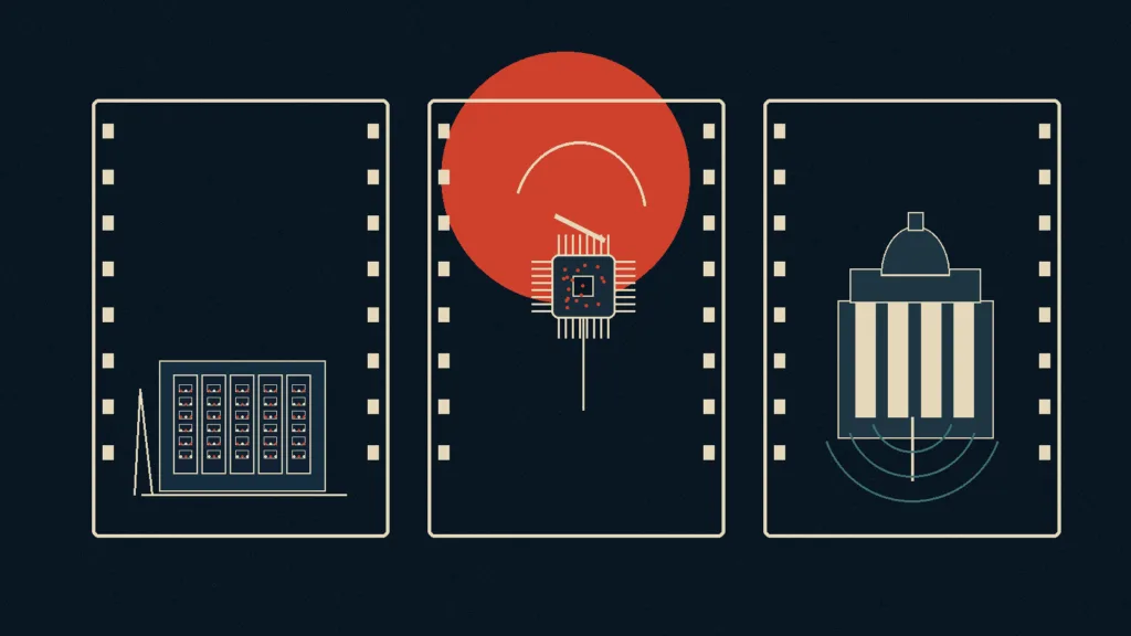 Storyboard do krótkiego wideo technologicznego - Promptowy Trzy kadry storyboardu pokazujące centrum danych, chip i portal w ciemnym stylu ilustracyjnym.