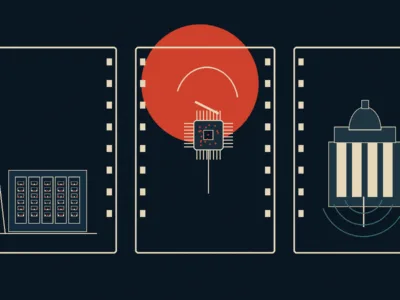 Trzy kadry storyboardu pokazujące centrum danych, chip i portal w ciemnym stylu ilustracyjnym.