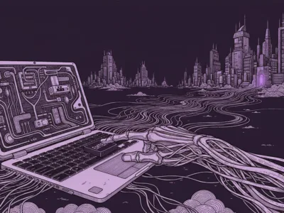 Illustration of a laptop with exposed circuits, from which tangled cables flow toward a distant futuristic city in purple tones.