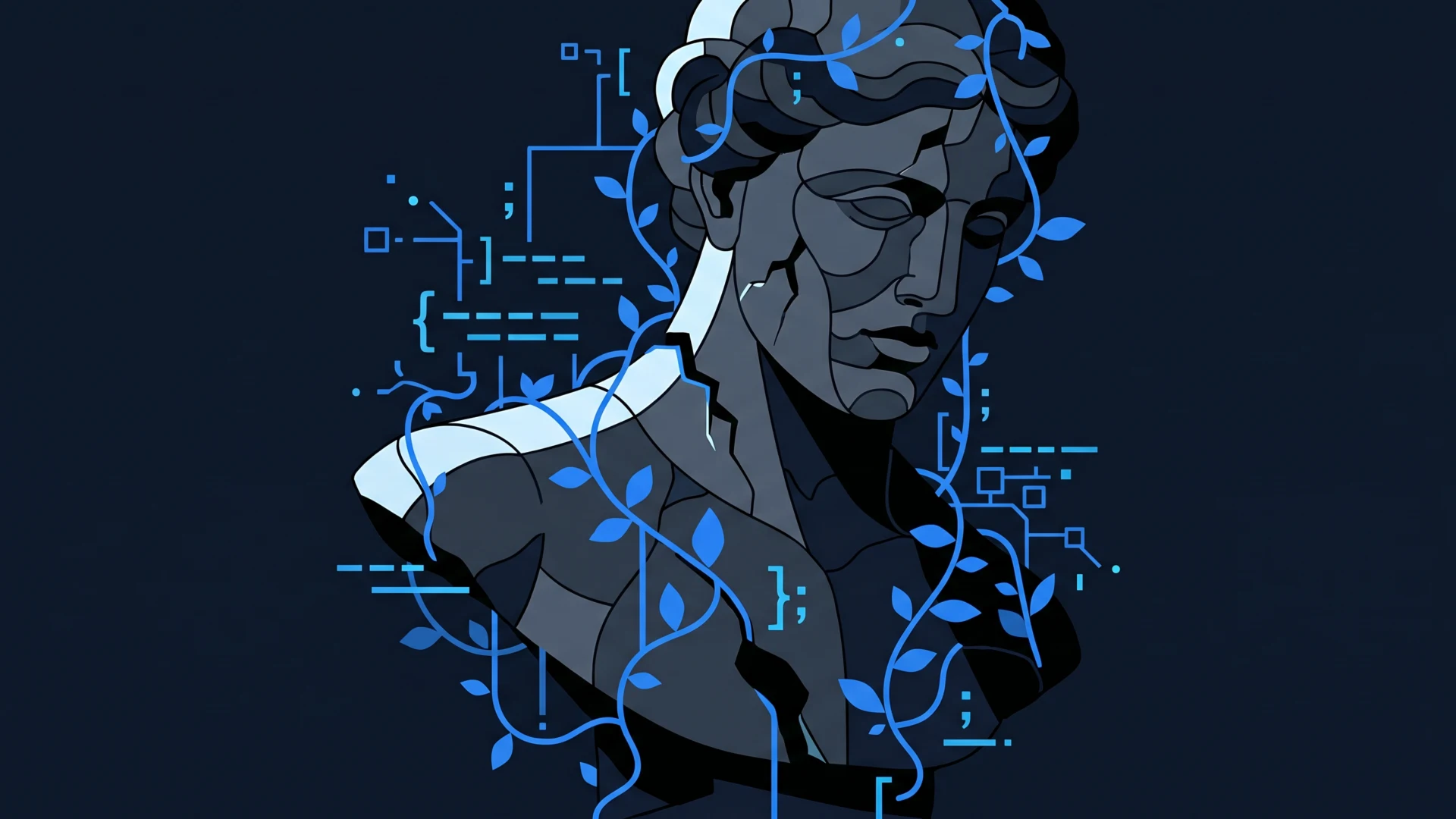 Abstract blue-toned bust wrapped in vines and circuit-like lines, symbolizing AI and nature against a dark background.”