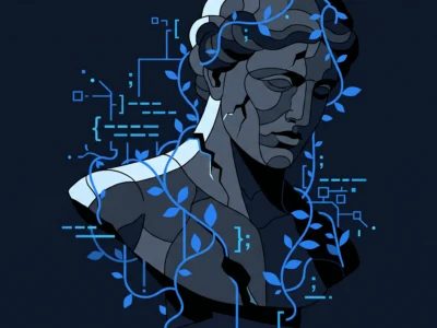 Abstract blue-toned bust wrapped in vines and circuit-like lines, symbolizing AI and nature against a dark background.”