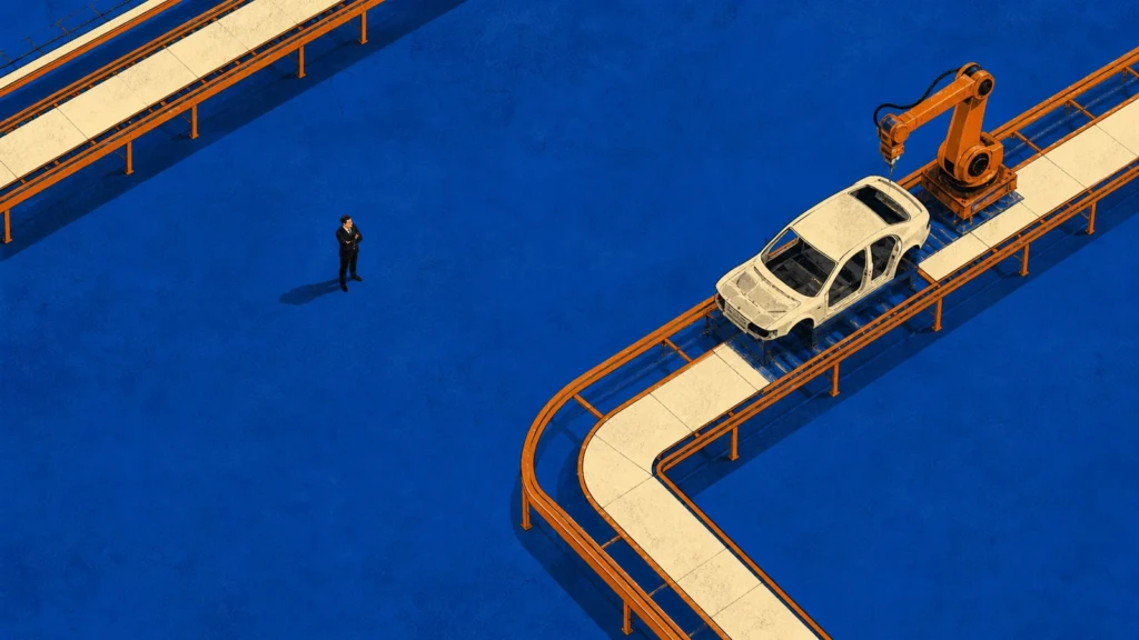 01-elon-musk-fabryka-ai-hero - Promptowy Aerial view of an automated car assembly line: a white car on orange rails, a robotic arm, and a man in a suit watching on a blue floor