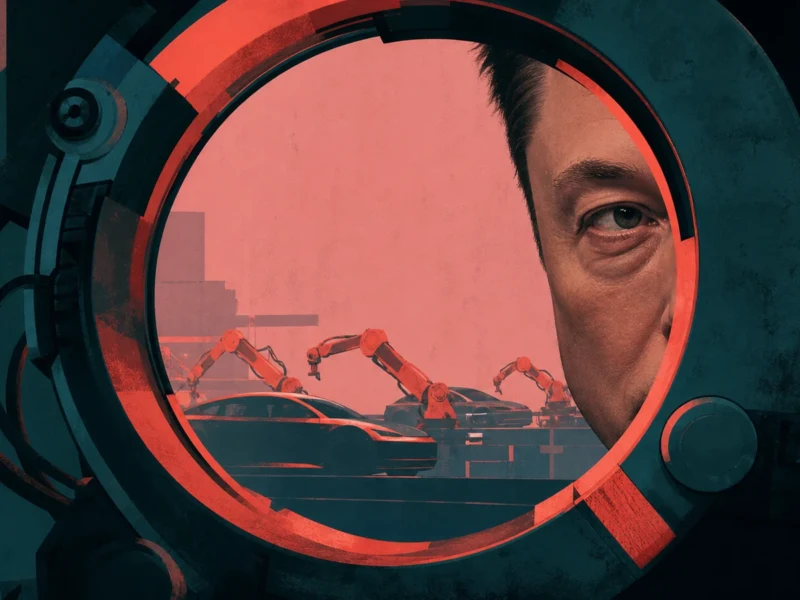 Close-up view through a circular viewport of a person’s eye with orange robotic arms assembling cars in the background.