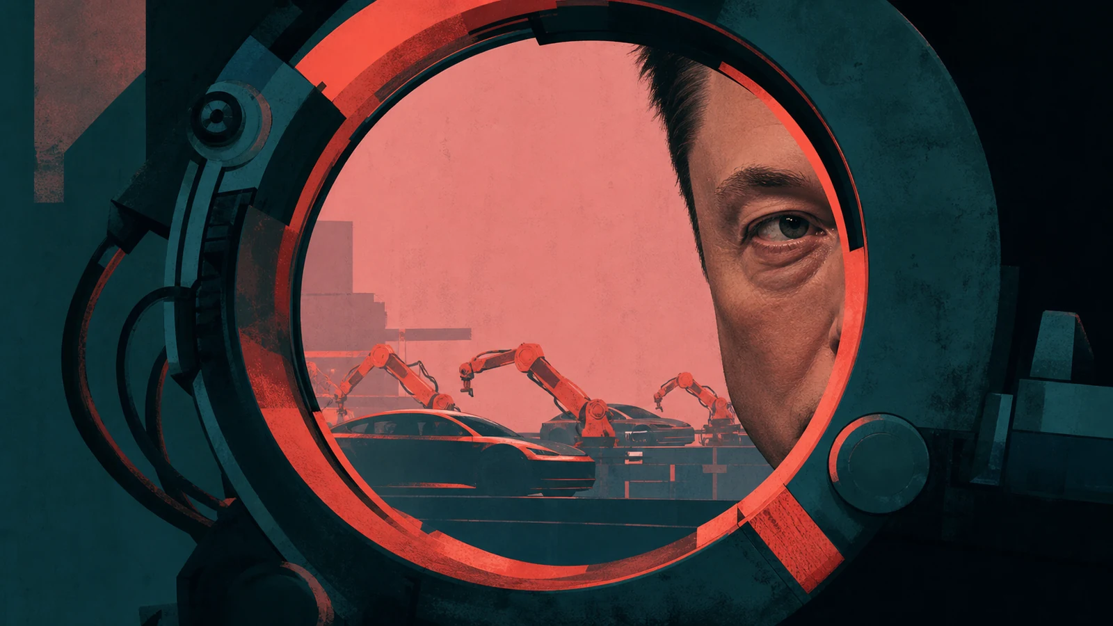 02-elon-musk-oko-robota - Promptowy Close-up view through a circular viewport of a person’s eye with orange robotic arms assembling cars in the background.