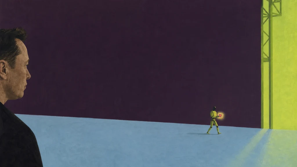 03-elon-musk-robot-mikrochip - Promptowy Profile of a man on the left looking toward a small yellow robot holding a glowing square on a blue floor against a dark purple background.