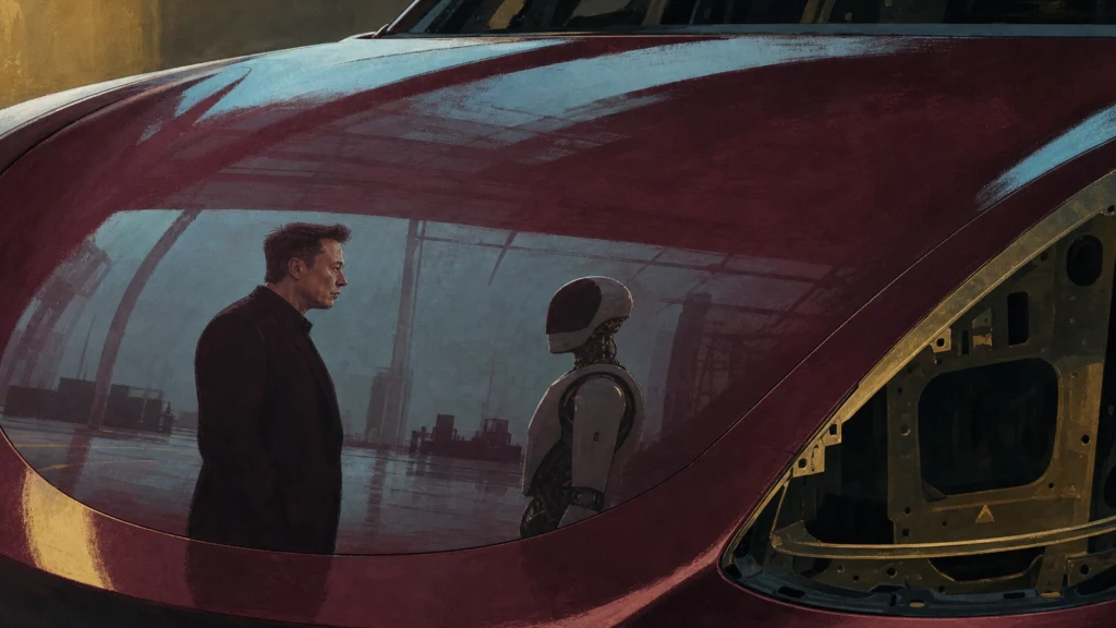 04-elon-musk-robot-odbicie - Promptowy Man in a dark coat faces a humanoid robot inside a glossy burgundy cockpit, with an industrial port visible through the window.