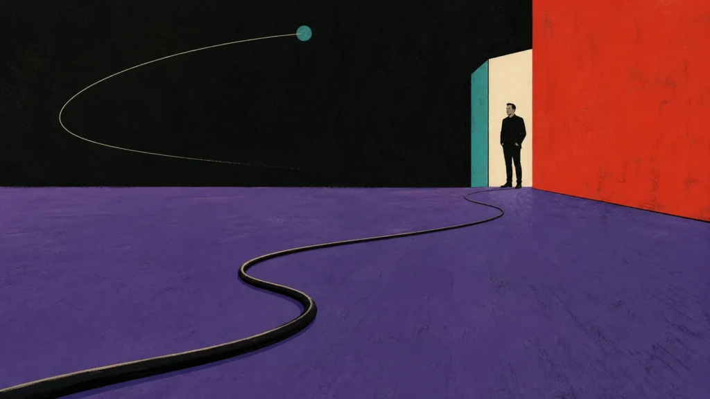 05-elon-musk-przyszlosc-orbita - Promptowy Abstract doorway scene: a man in black stands in a pale doorway between teal and red walls, with a purple floor and a curling black cable leading to him from the foreground.
