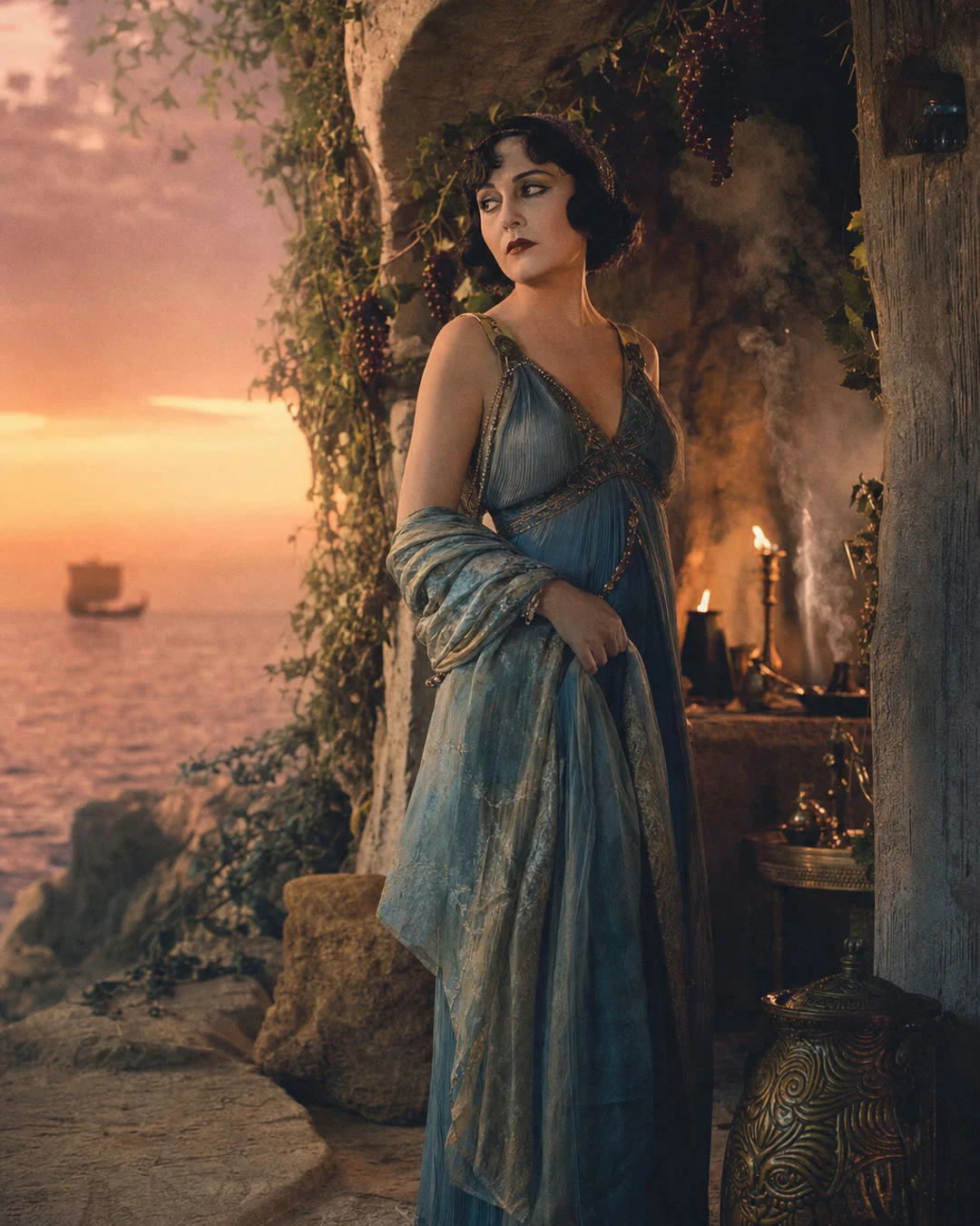 Pola Negri jako Kalipso (GPT-5.4 Image 2) - wersja druga, pierwszą zatrzymał filtr obyczajowy