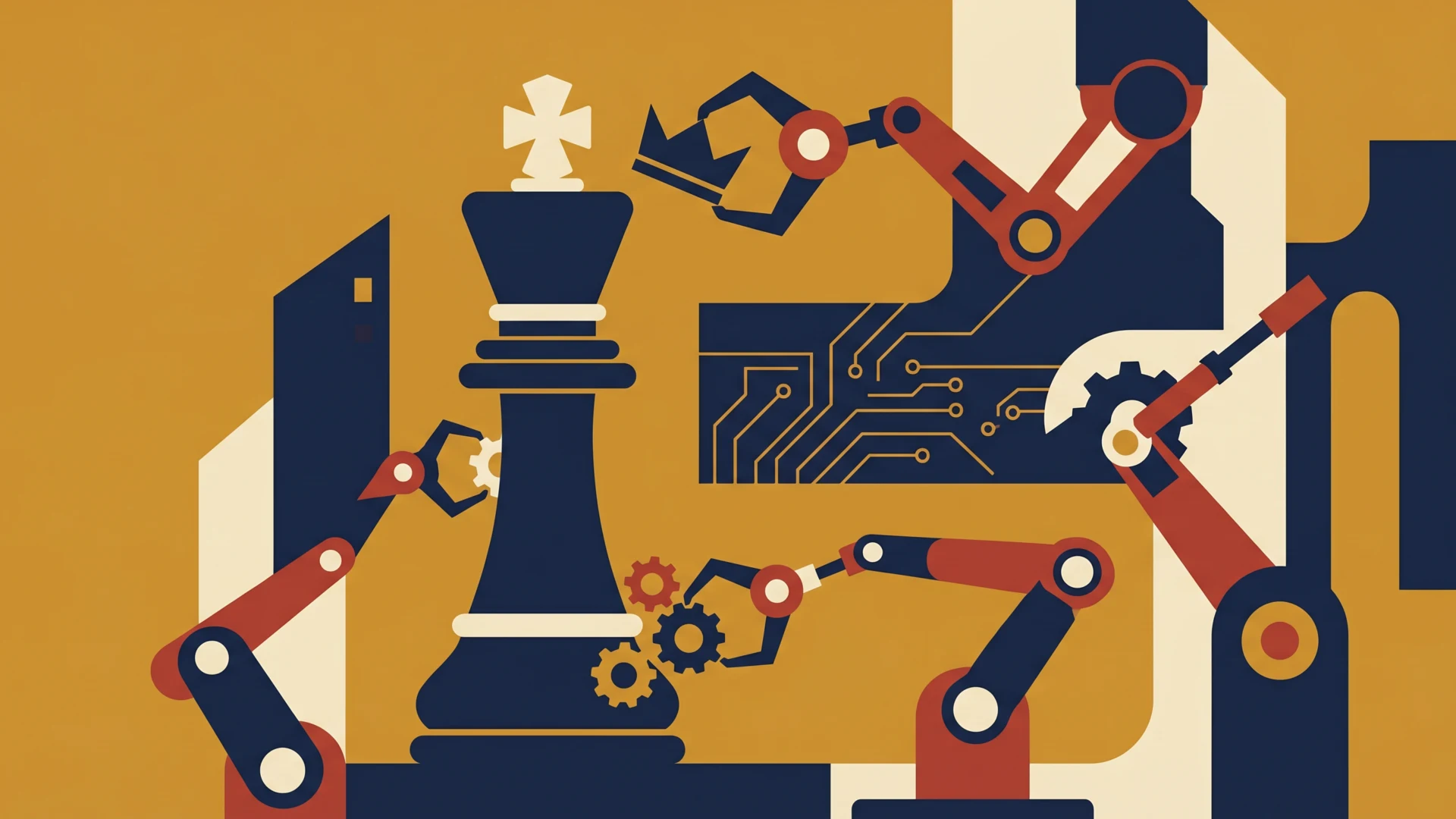 Abstract illustration of robotic arms assembling gears and a large chess piece on a yellow and dark blue background, with circuit-like lines suggesting automation