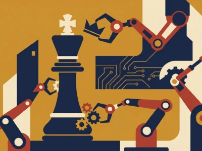 Abstract illustration of robotic arms assembling gears and a large chess piece on a yellow and dark blue background, with circuit-like lines suggesting automation