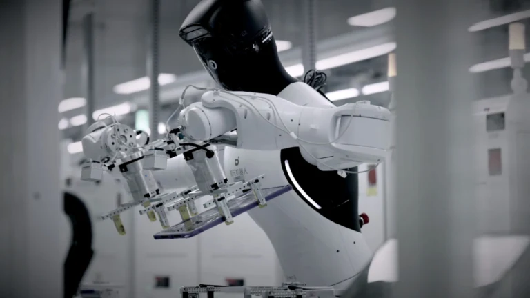 Białe przemysłowe ramię robotyczne z wieloma przegubami w laboratorium.