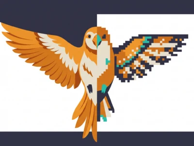 Orange parrot with wings spread in flight, right wing rendered as pixel blocks against a dark navy background with a white inner panel.