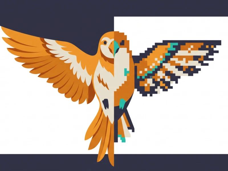 Orange parrot with wings spread in flight, right wing rendered as pixel blocks against a dark navy background with a white inner panel.