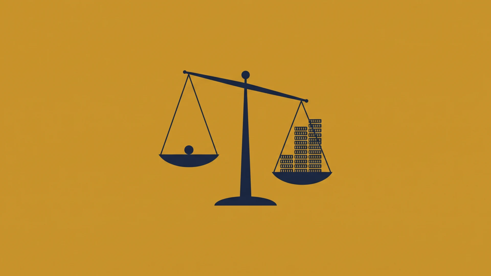 Silhouetted balance scale with a small ball on the left pan and a tall stack of coins on the right, symbolizing wealth inequality.