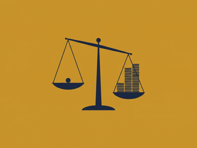 Silhouetted balance scale with a small ball on the left pan and a tall stack of coins on the right, symbolizing wealth inequality.