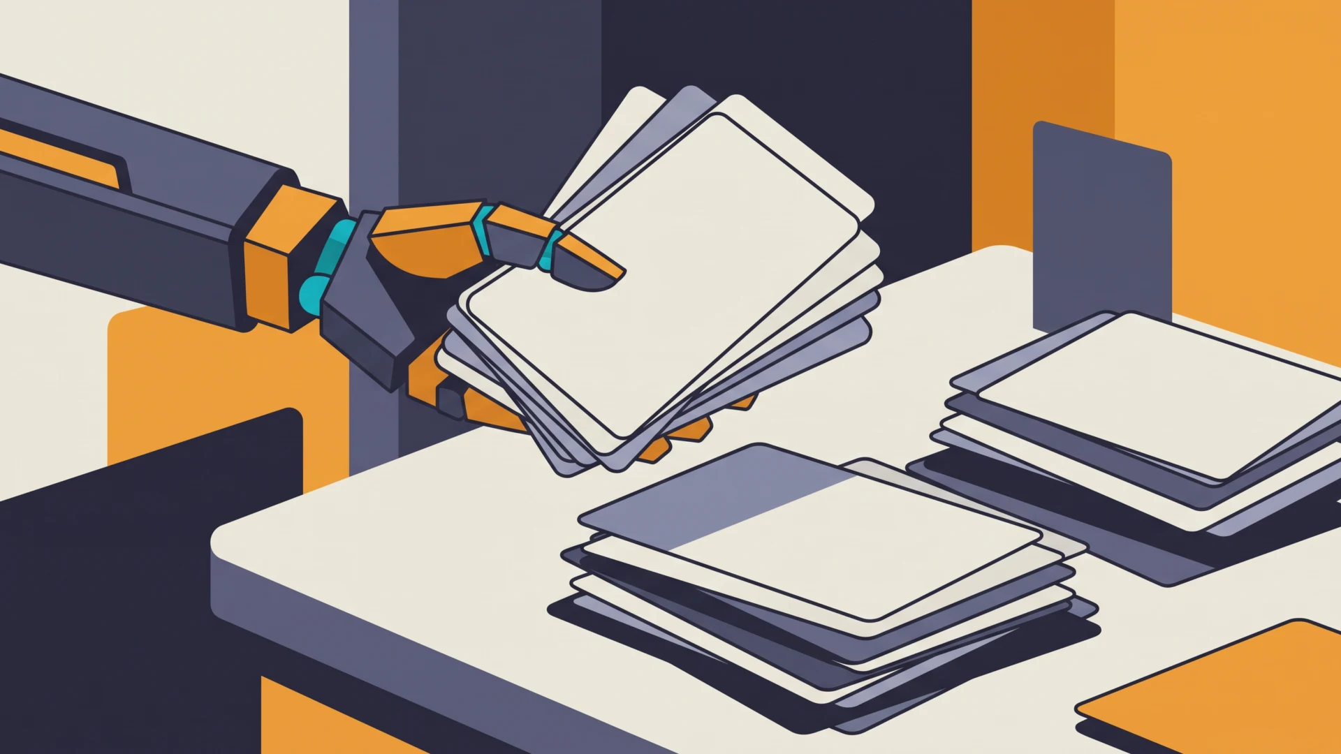 Robotic arm dealing a stack of white cards on a desk with an orange and dark blue background, illustrating automated card handling.