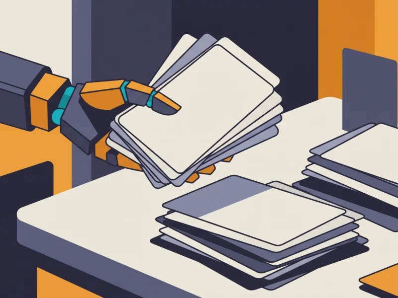 Robotic arm dealing a stack of white cards on a desk with an orange and dark blue background, illustrating automated card handling.