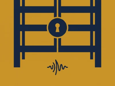 Abstract illustration of a navy blue safe door with a circular lock in the center on a mustard-yellow background, with vertical bars framing the door and a small squiggly line at the bottom suggesting a waveform.