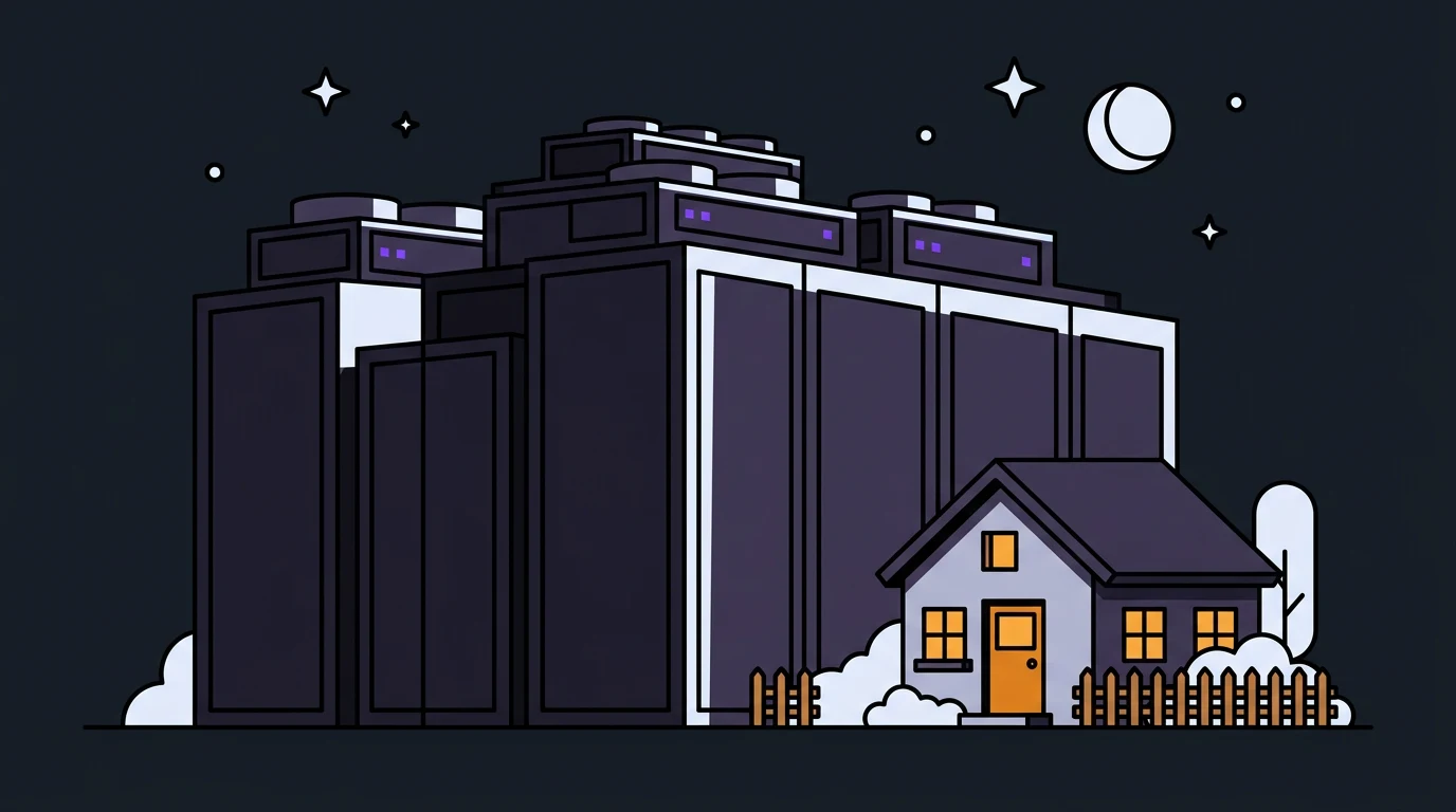 Nighttime illustration of a huge data center towering over a small house with an orange door and fence under a starry sky.