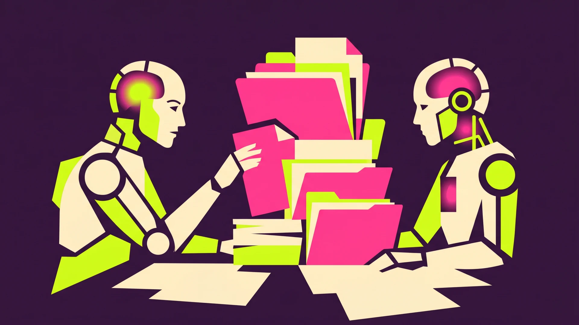 Two stylized robots facing each other with a pile of colorful folders and papers between them, on a dark purple background.