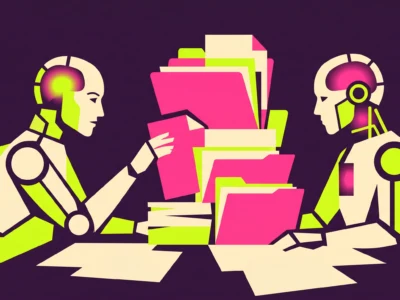 ChatGPT Work kontra Claude Cowork - test na prawdziwych plikach pokazał jeden poważny problem - Promptowy Two stylized robots facing each other with a pile of colorful folders and papers between them, on a dark purple background.