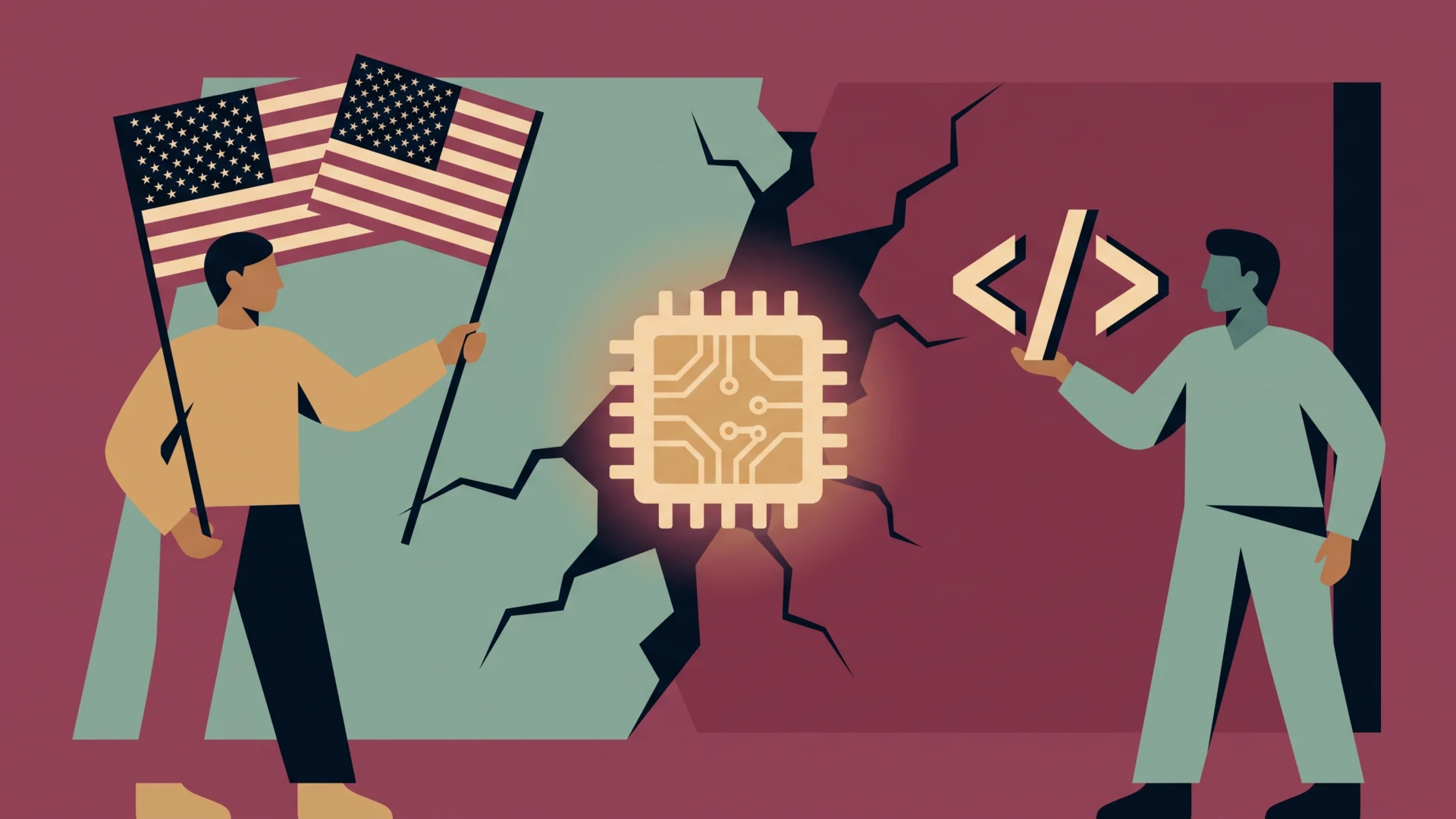 Dwie osoby z podartymi flagami USA, świecący mikrochip i pęknięty mur.