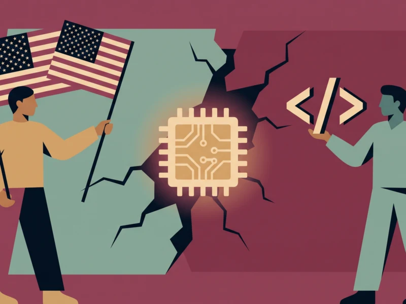 Two people hold torn US flags as a glowing chip and shattered wall symbolize a cyber threat to the nation.