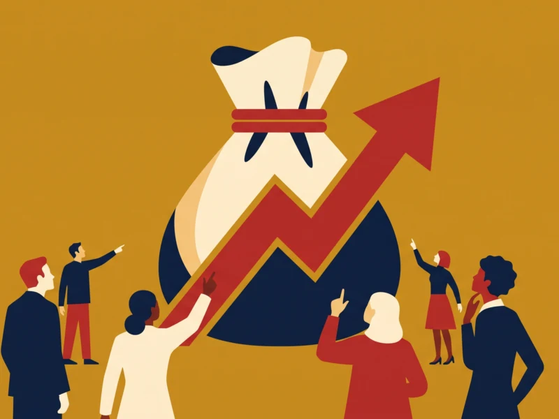 Diverse people surround a large upward arrow, symbolizing growth and progress in an abstract illustration.
