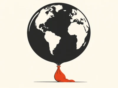 World globe drawn as a black balloon with a red tied sack at its base, resting on a thin line.