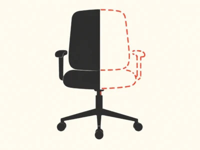Black swivel office chair with a red dashed outline tracing the same chair to the right, indicating adjustment or replacement.