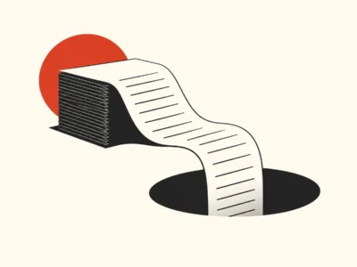 Abstract illustration of a long receipt curling into a dark hole, with a red sun behind-symbolizing endless paperwork or red tape.