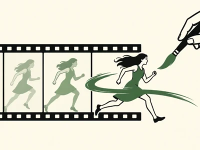 A film strip shows a running woman progression, with a painter's brush drawing the last frame as she runs free from the strip.